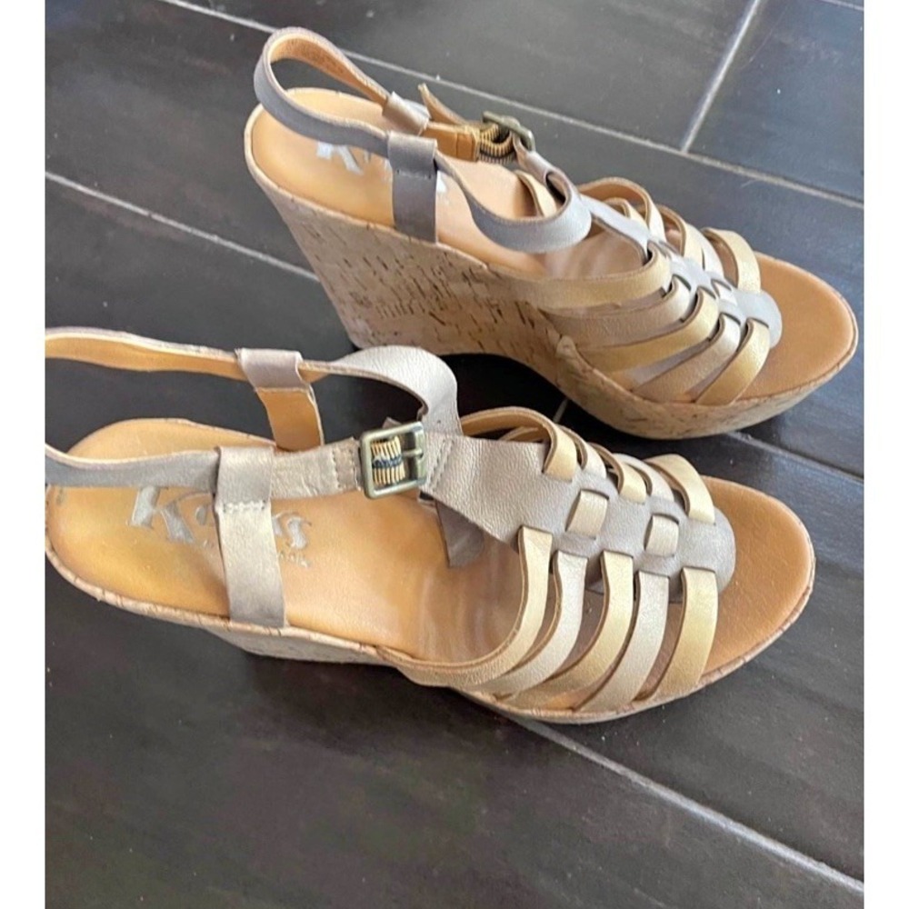 Korks by KorkEase Poppy Metallic Wedge Sandals Size 8 Muted Gold Cork Platform - Picture 3 of 6